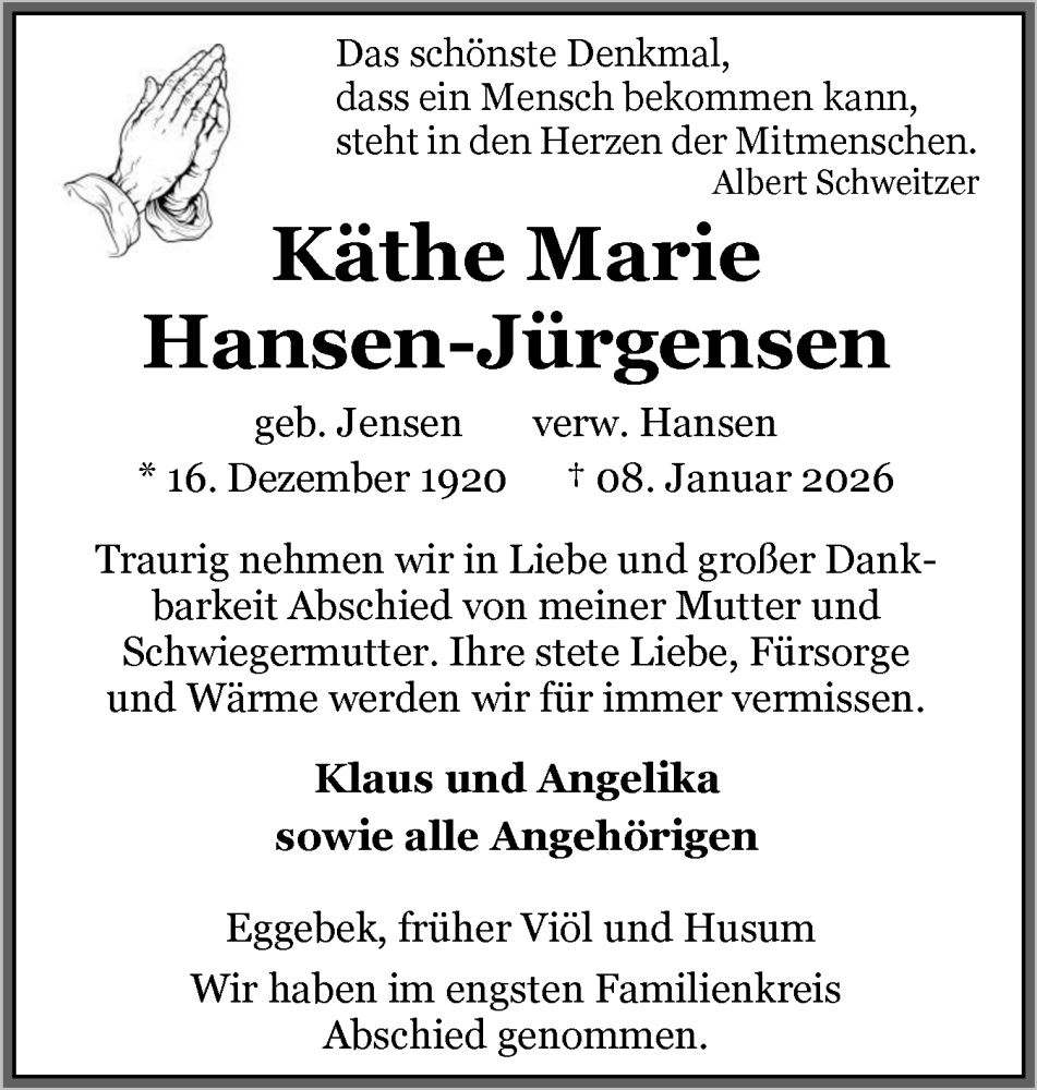  Traueranzeige für Käthe Marie Hansen-Jürgensen vom 31.01.2026 aus Region Flensburg
