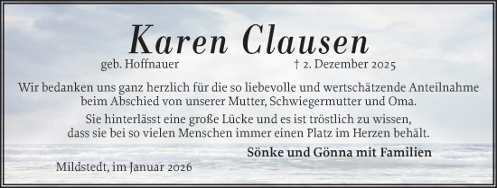 Traueranzeige von Karen Clausen von Husumer Nachrichten, Nordfriesland Tageblatt