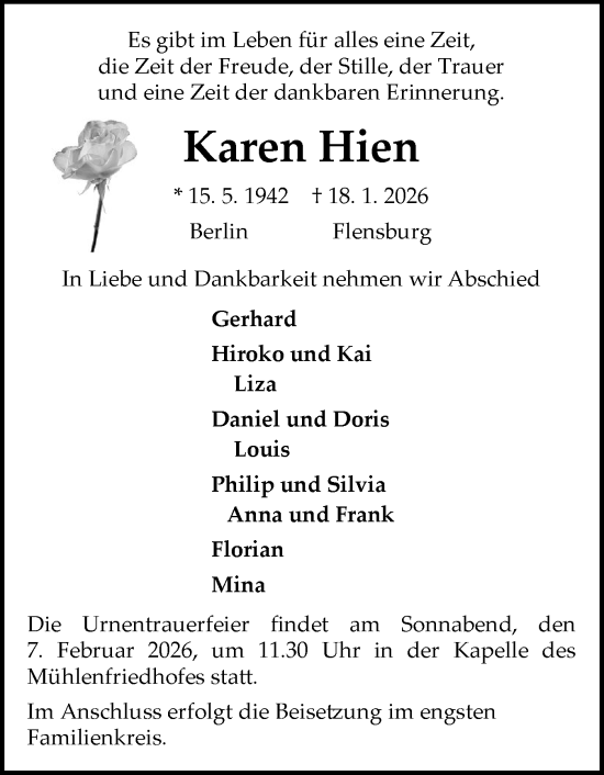 Traueranzeige von Karen Hien von Flensburger Tageblatt