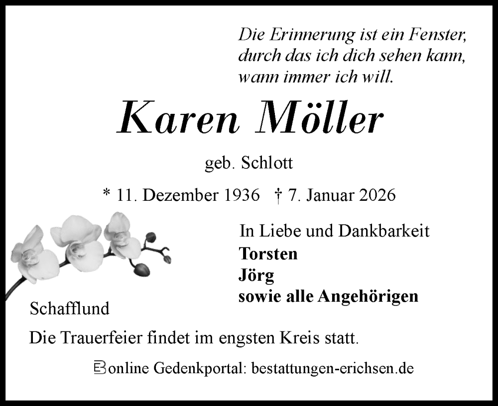  Traueranzeige für Karen Möller vom 17.01.2026 aus Flensburger Tageblatt