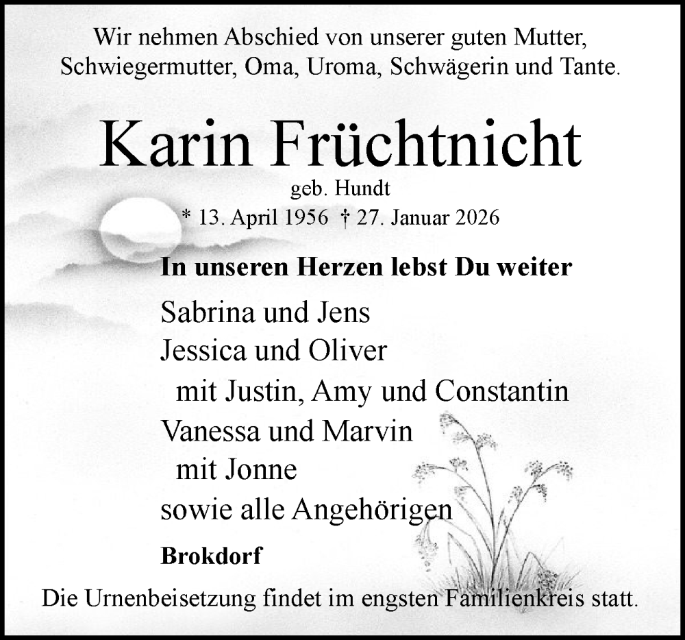  Traueranzeige für Karin Früchtnicht vom 31.01.2026 aus Norddeutsche Rundschau, Wilstersche Zeitung, Glückstädter Fortuna