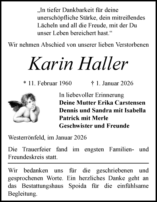 Traueranzeige von Karin Haller von Schleswig-Holsteinische Landeszeitung