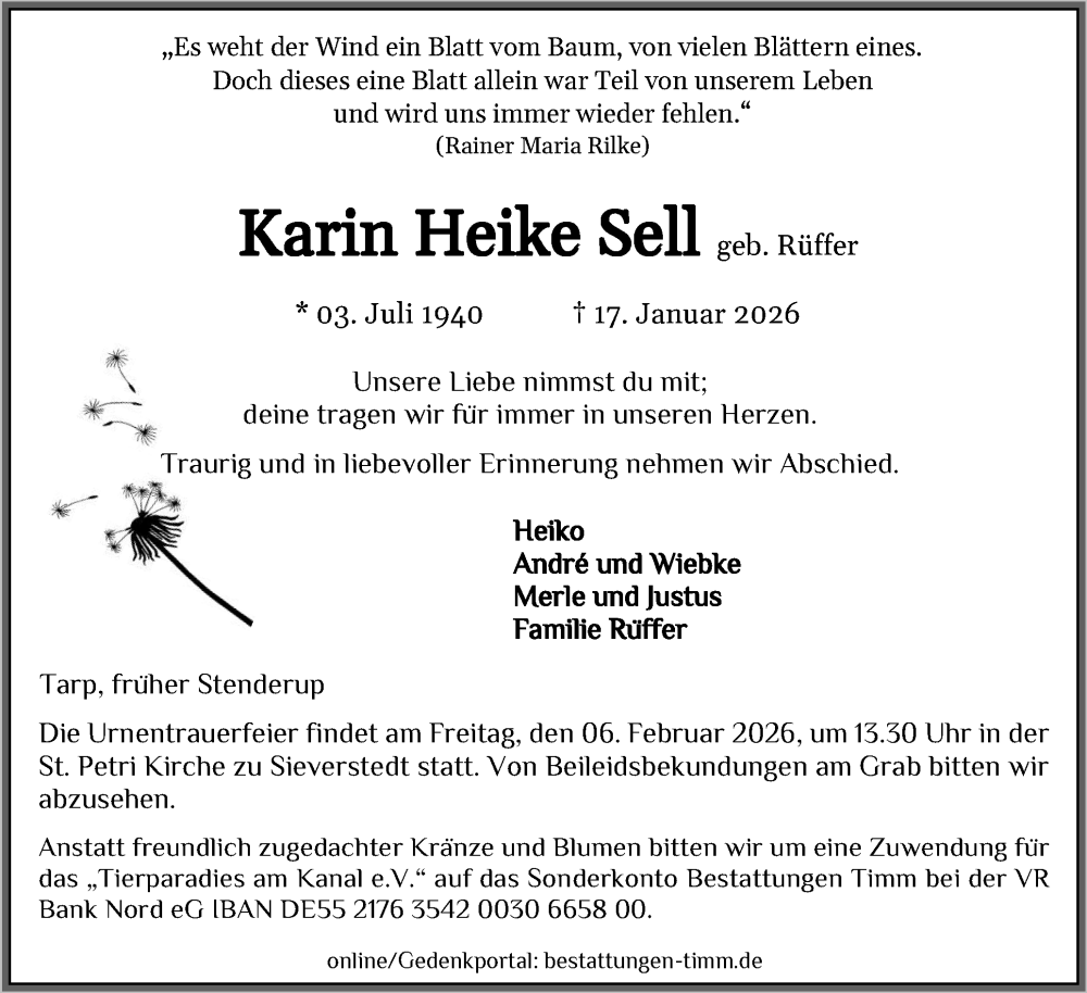  Traueranzeige für Karin Heike Sell vom 31.01.2026 aus Flensburger Tageblatt