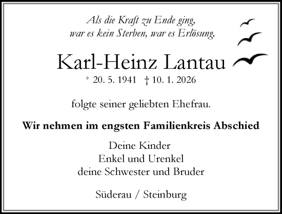 Traueranzeige von Karl-Heinz Lantau von Norddeutsche Rundschau, Wilstersche Zeitung, Glückstädter Fortuna