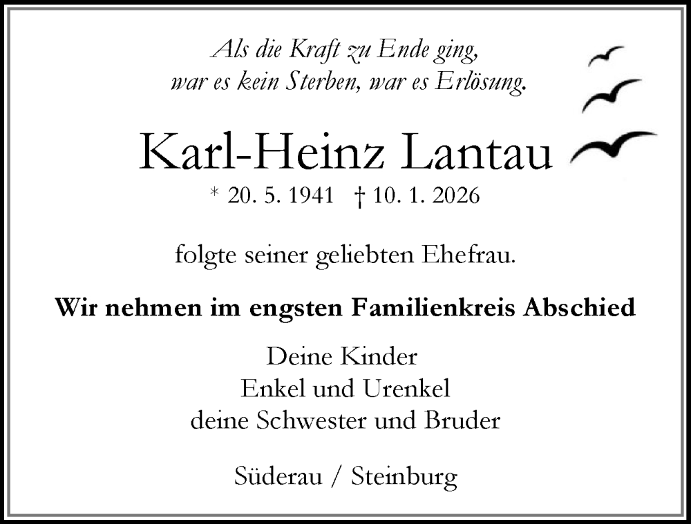  Traueranzeige für Karl-Heinz Lantau vom 17.01.2026 aus Norddeutsche Rundschau, Wilstersche Zeitung, Glückstädter Fortuna