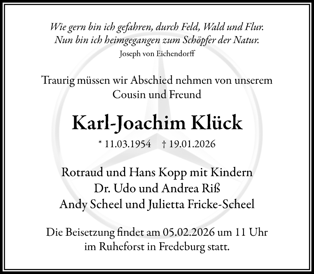  Traueranzeige für Karl-Joachim Klück vom 31.01.2026 aus MARKT Ratzeburg/Mölln