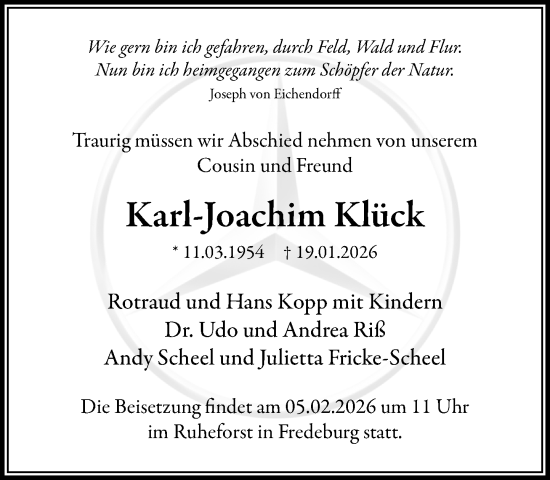 Traueranzeige von Karl-Joachim Klück von MARKT Ratzeburg/Mölln