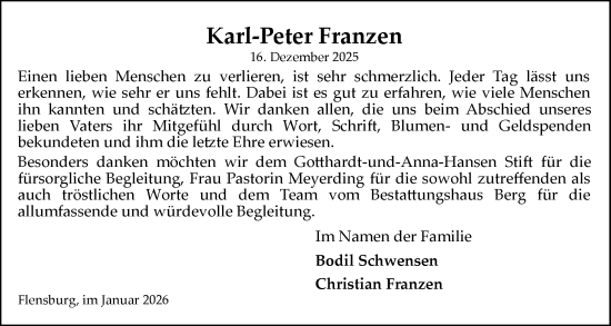 Traueranzeige von Karl-Peter Franzen von Flensburger Tageblatt
