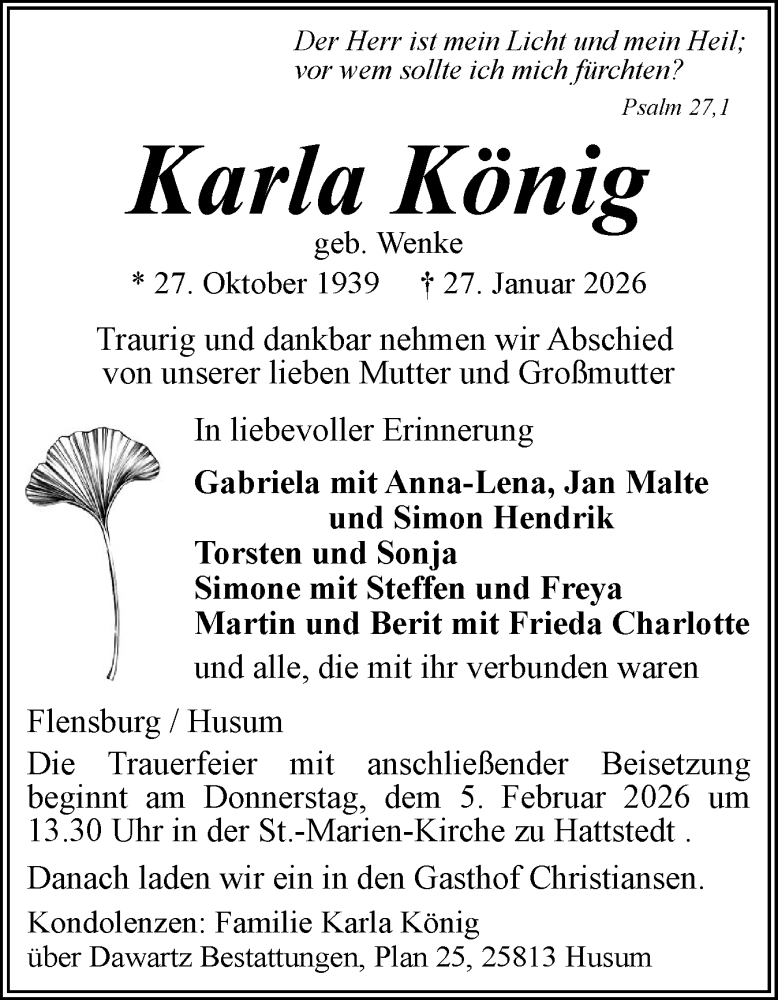  Traueranzeige für Karla König vom 31.01.2026 aus Region Flensburg