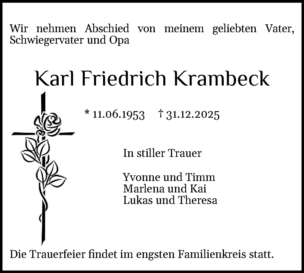 Traueranzeige für Karl Friedrich Krambeck vom 03.01.2026 aus Schleswig-Holsteinische Landeszeitung