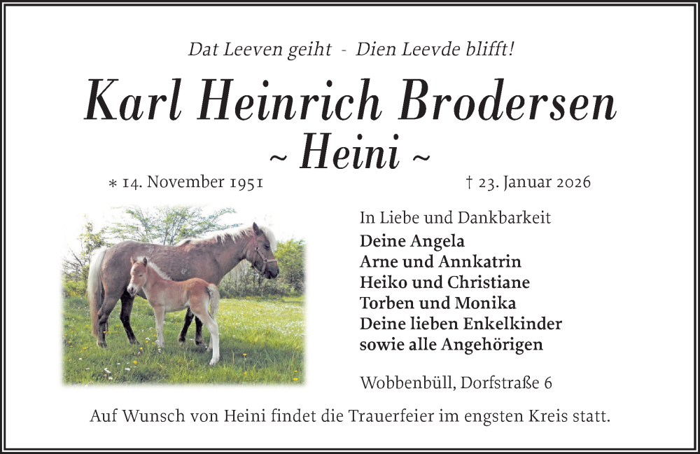  Traueranzeige für Karl Heinrich Brodersen vom 29.01.2026 aus Husumer Nachrichten, Nordfriesland Tageblatt