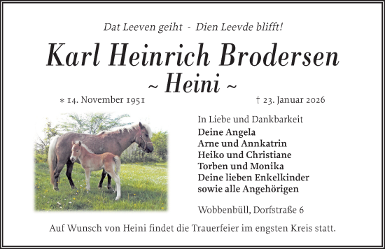 Traueranzeige von Karl Heinrich Brodersen von Husumer Nachrichten, Nordfriesland Tageblatt