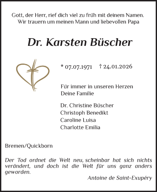 Traueranzeige von Karsten Büscher von Husumer Nachrichten, Nordfriesland Tageblatt