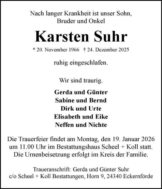 Traueranzeige von Karsten Suhr von Eckernförder Zeitung, Hallo Eckernförde