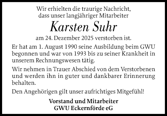 Traueranzeige von Karsten Suhr von Eckernförder Zeitung