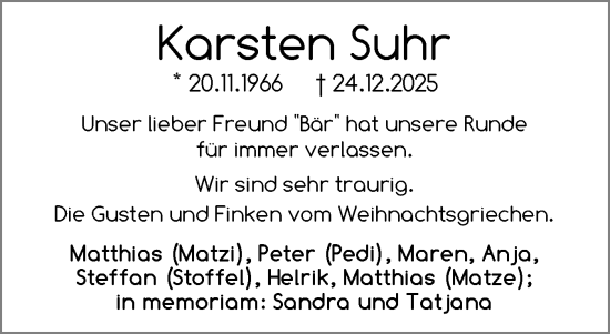 Traueranzeige von Karsten Suhr von Eckernförder Zeitung, Hallo Eckernförde