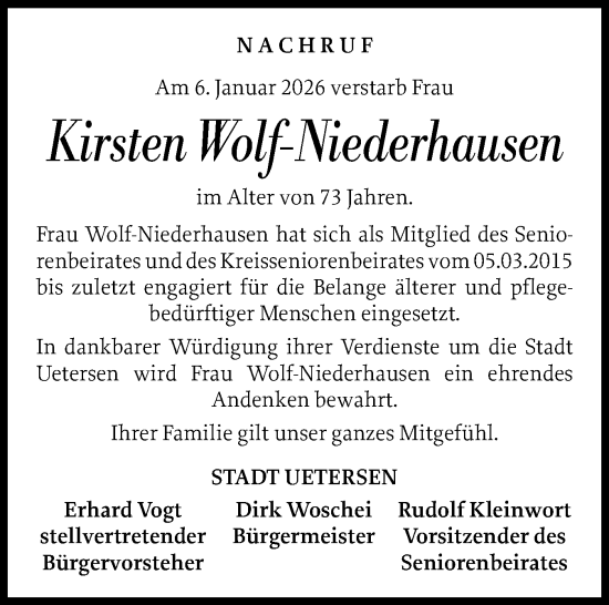 Traueranzeige von Kirsten Wolf-Niederhausen von Uetersener Nachrichten, Der tip am Wochenende