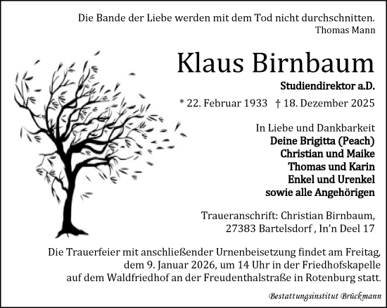 Traueranzeige von Klaus Birnbaum von MARKT Ahrensburg/Bargteheide/Trittau und Stormarner Tageblatt