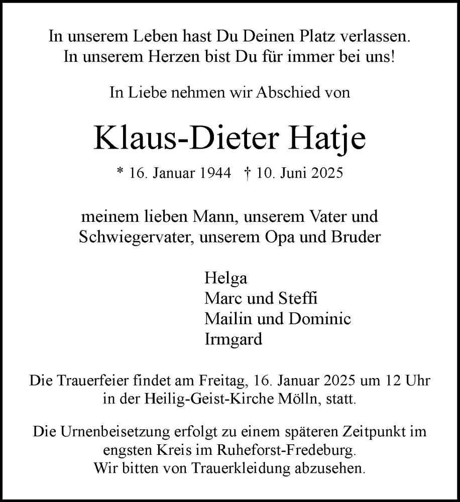  Traueranzeige für Klaus-Dieter Hatje vom 10.01.2026 aus MARKT Ratzeburg/Mölln