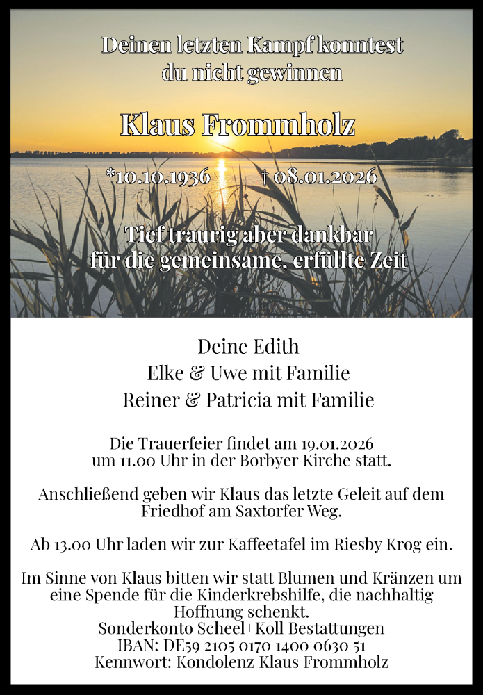  Traueranzeige für Klaus Frommholz vom 17.01.2026 aus Eckernförder Zeitung, Hallo Eckernförde