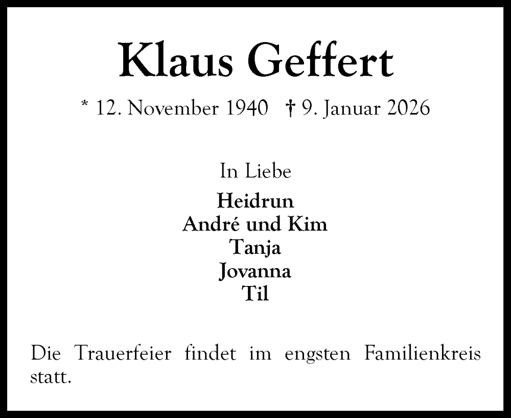  Traueranzeige für Klaus Geffert vom 17.01.2026 aus Ostholsteiner Anzeiger