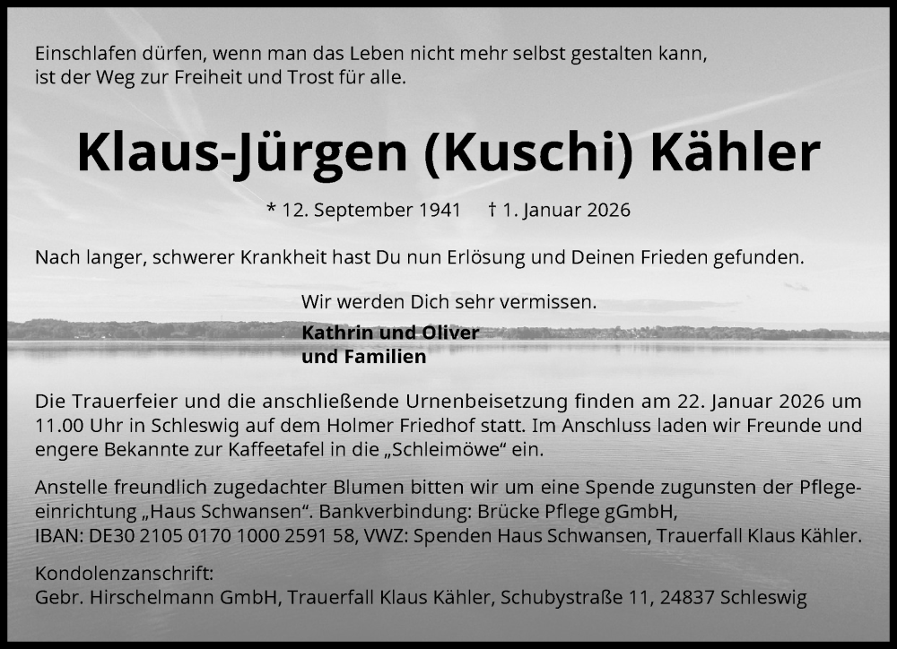  Traueranzeige für Klaus-Jürgen Kähler vom 17.01.2026 aus Schleswiger Nachrichten, Schlei-Bote, Eckernförder Zeitung