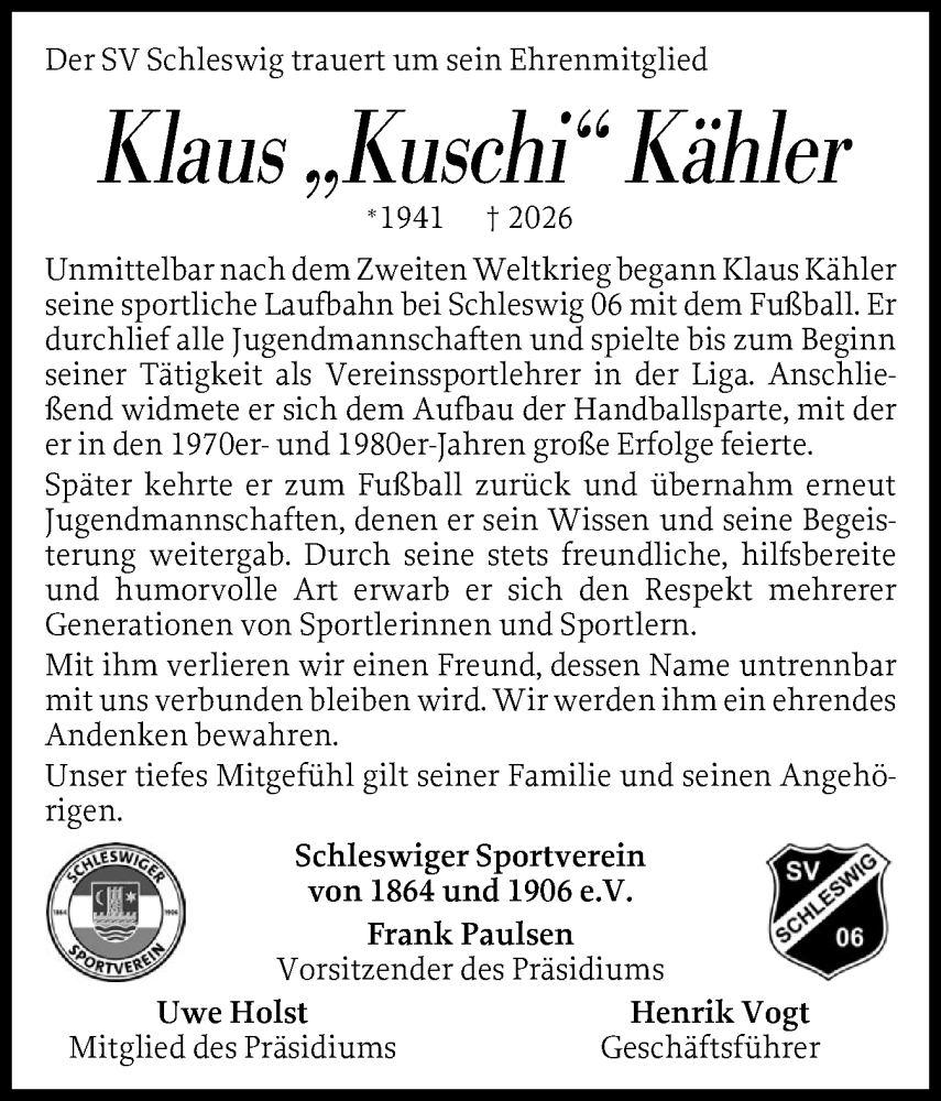  Traueranzeige für Klaus Kähler vom 17.01.2026 aus Schleswiger Nachrichten, Schlei-Bote