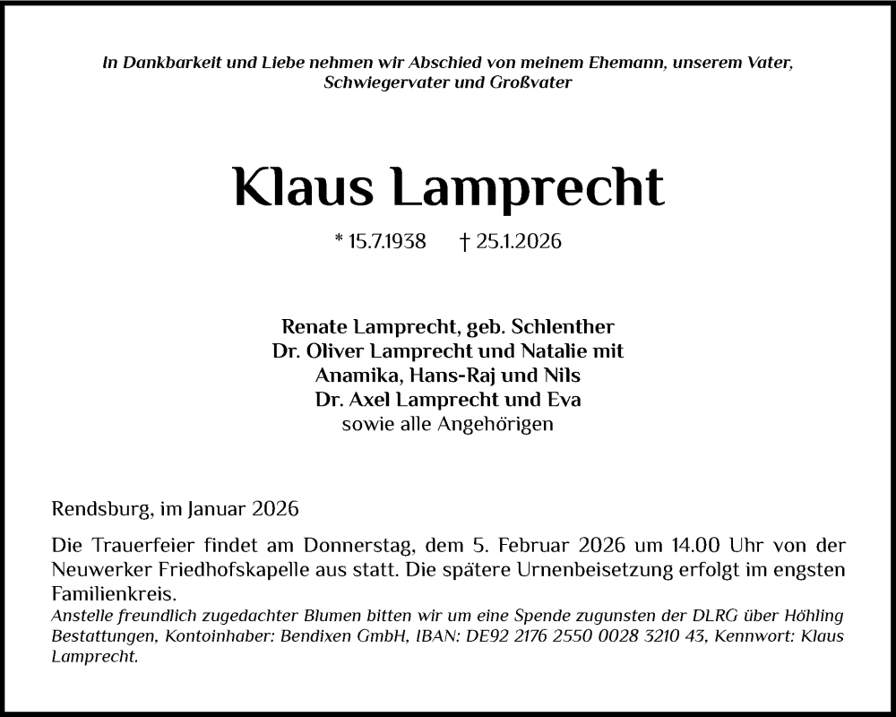  Traueranzeige für Klaus Lamprecht vom 31.01.2026 aus Schleswig-Holsteinische Landeszeitung