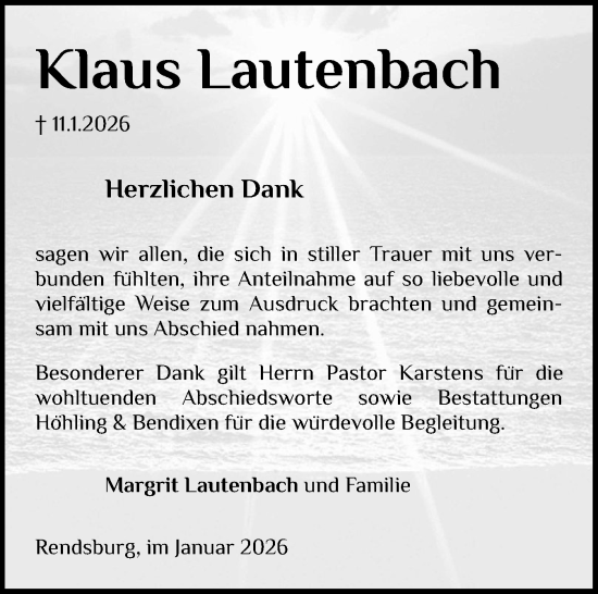 Traueranzeige von Klaus Lautenbach von Schleswig-Holsteinische Landeszeitung