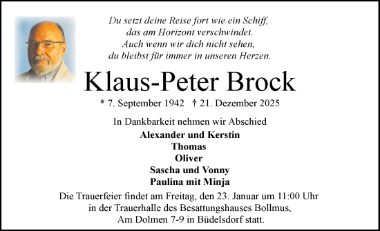 Traueranzeige von Klaus-Peter Brock von Schleswig-Holsteinische Landeszeitung