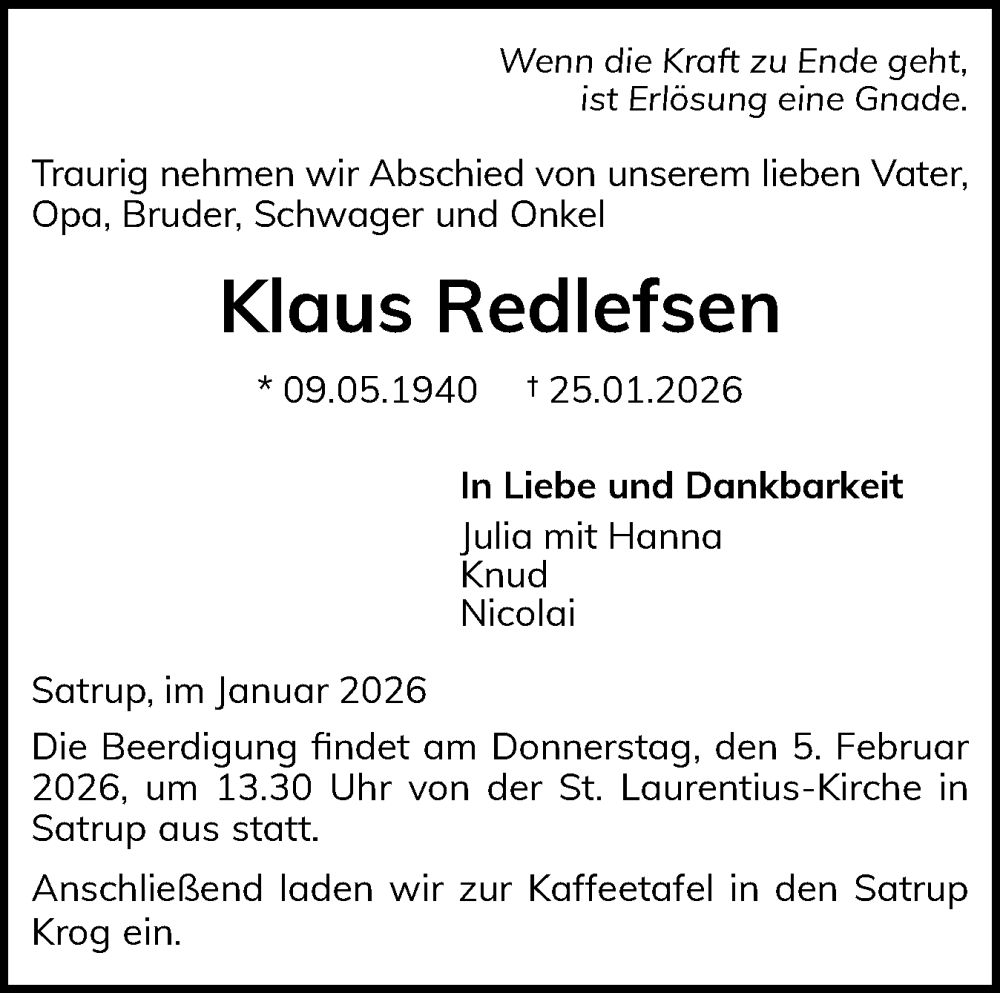  Traueranzeige für Klaus Redlefsen vom 31.01.2026 aus Flensburger Tageblatt