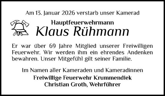 Traueranzeige von Klaus Rühmann von Norddeutsche Rundschau, Wilstersche Zeitung, Glückstädter Fortuna