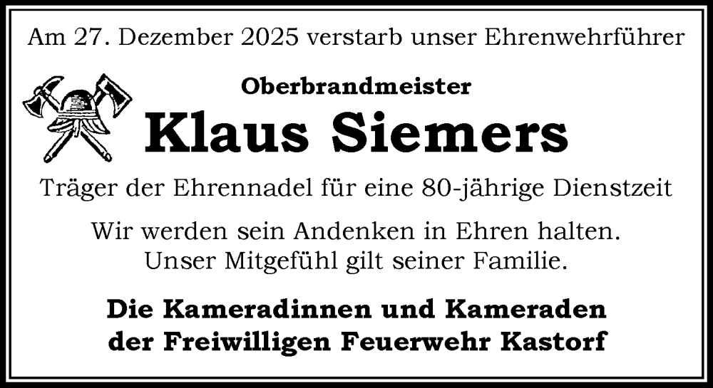  Traueranzeige für Klaus Siemers vom 10.01.2026 aus MARKT Ratzeburg/Mölln