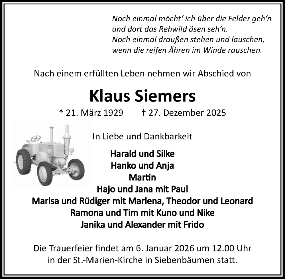  Traueranzeige für Klaus Siemers vom 03.01.2026 aus MARKT Ratzeburg/Mölln
