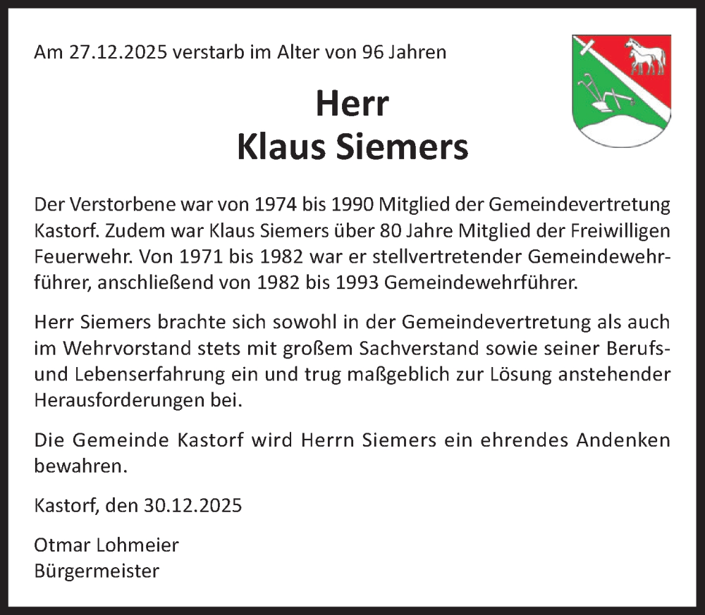  Traueranzeige für Klaus Siemers vom 10.01.2026 aus MARKT Ratzeburg/Mölln
