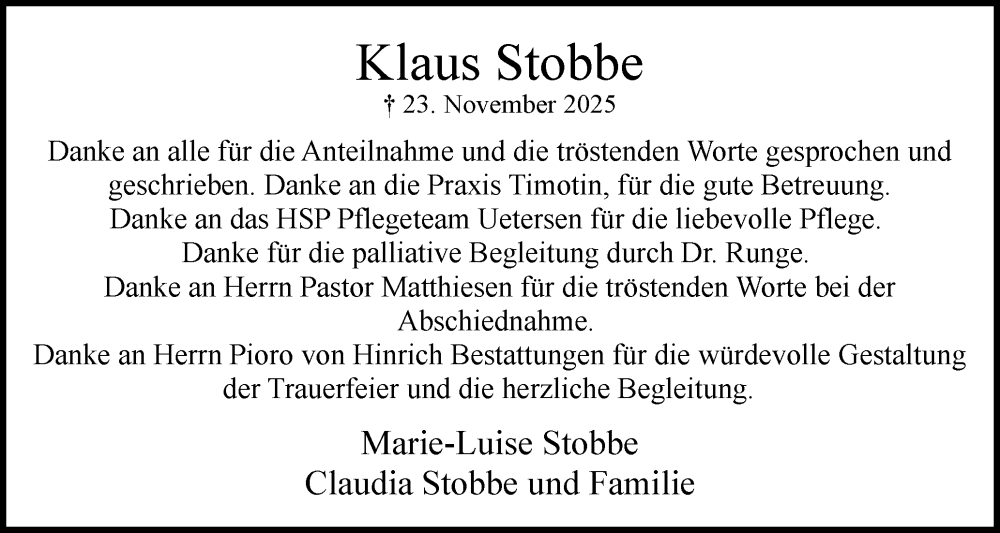  Traueranzeige für Klaus Stobbe vom 10.01.2026 aus Uetersener Nachrichten, Der tip am Wochenende
