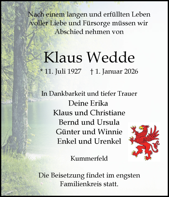 Traueranzeige von Klaus Wedde von Region Pinneberg und tip Pinneberg