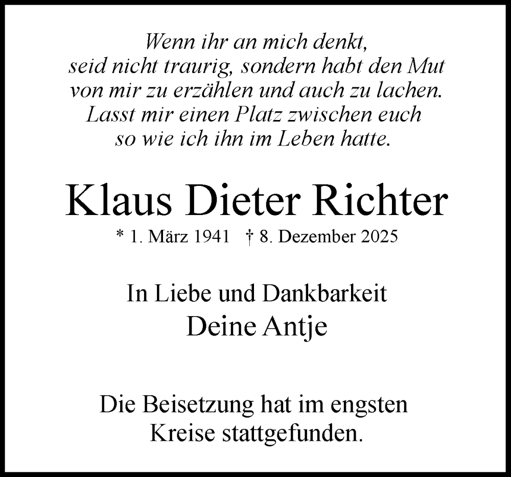  Traueranzeige für Klaus Dieter Richter vom 31.01.2026 aus Uetersener Nachrichten, Der tip am Wochenende