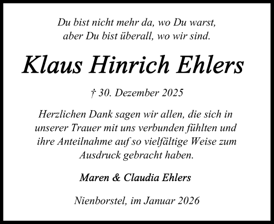Traueranzeige von Klaus Hinrich Ehlers von Schleswig-Holsteinische Landeszeitung