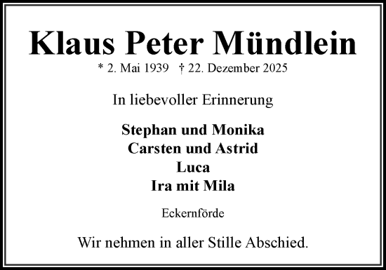 Traueranzeige von Klaus Peter Mündlein von Eckernförder Zeitung, Hallo Eckernförde