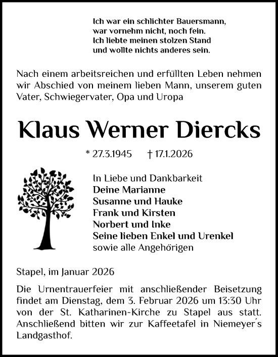 Traueranzeige von Klaus Werner Diercks von Schleswig-Holsteinische Landeszeitung