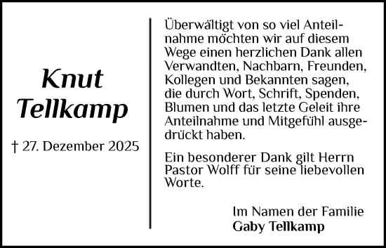 Traueranzeige von Knut Tellkamp von Schleswiger Nachrichten, Schlei-Bote