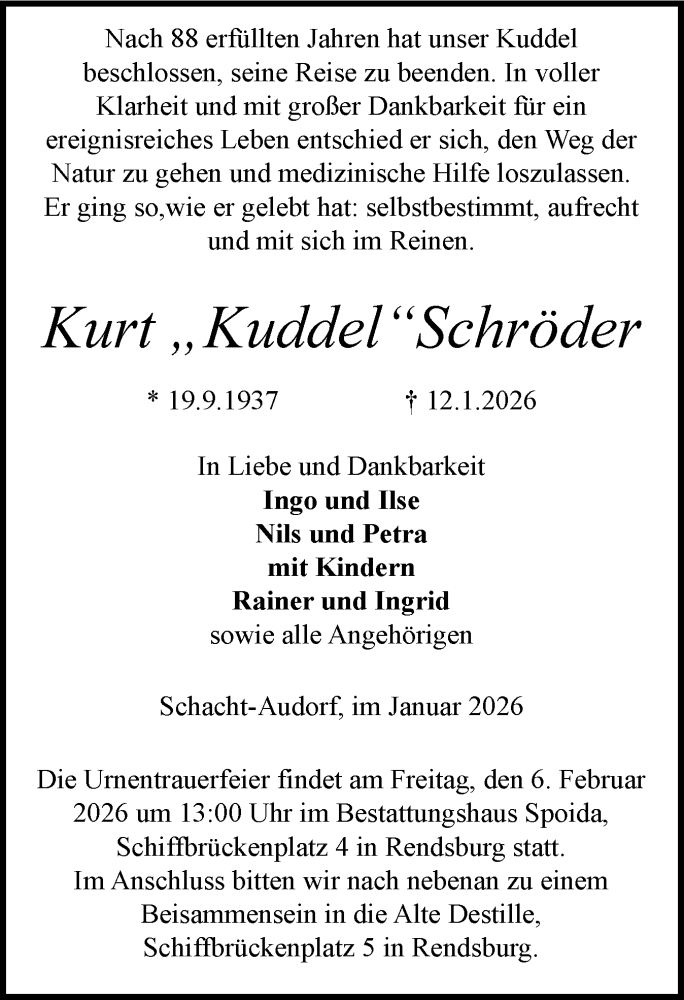  Traueranzeige für Kurt Schröder vom 17.01.2026 aus Schleswig-Holsteinische Landeszeitung
