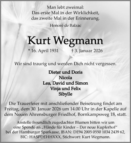 Traueranzeige von Kurt Wegmann von MARKT Ahrensburg/Bargteheide/Trittau und Stormarner Tageblatt