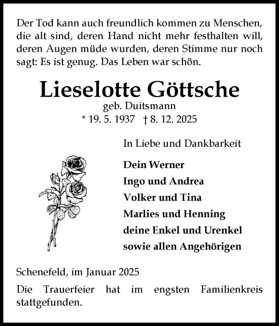 Traueranzeige von Lieselotte Göttsche von Norddeutsche Rundschau, Wilstersche Zeitung, Glückstädter Fortuna