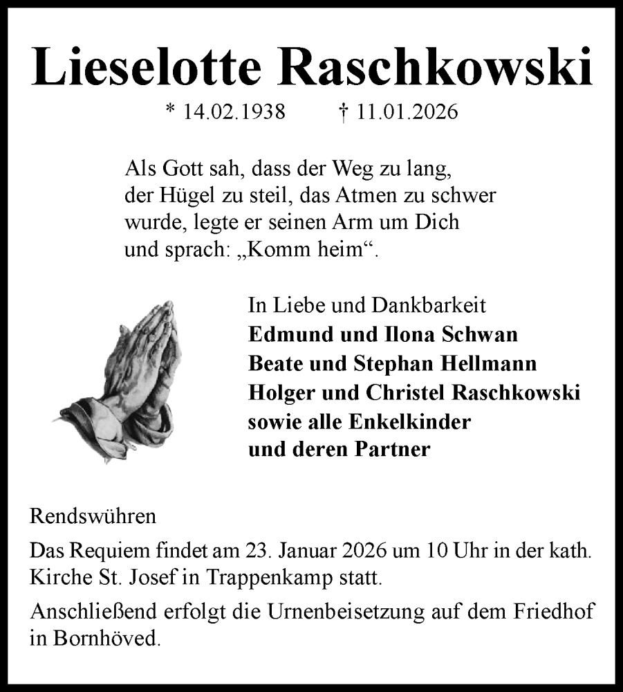  Traueranzeige für Lieselotte Raschkowski vom 17.01.2026 aus Holsteinischer Courier
