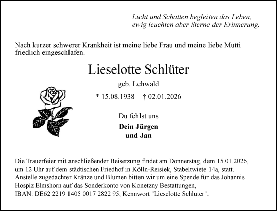 Traueranzeige von Lieselotte Schlüter von Elmshorner Nachrichten, Barmstedter Zeitung