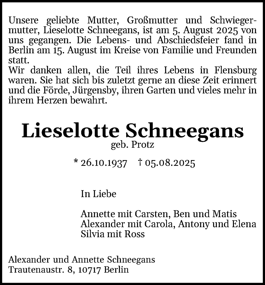  Traueranzeige für Lieselotte Schneegans vom 10.01.2026 aus Flensburger Tageblatt