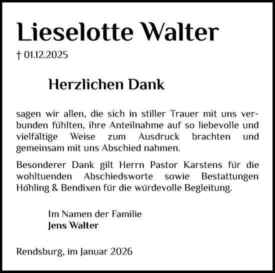 Traueranzeige von Lieselotte Walter von Schleswig-Holsteinische Landeszeitung