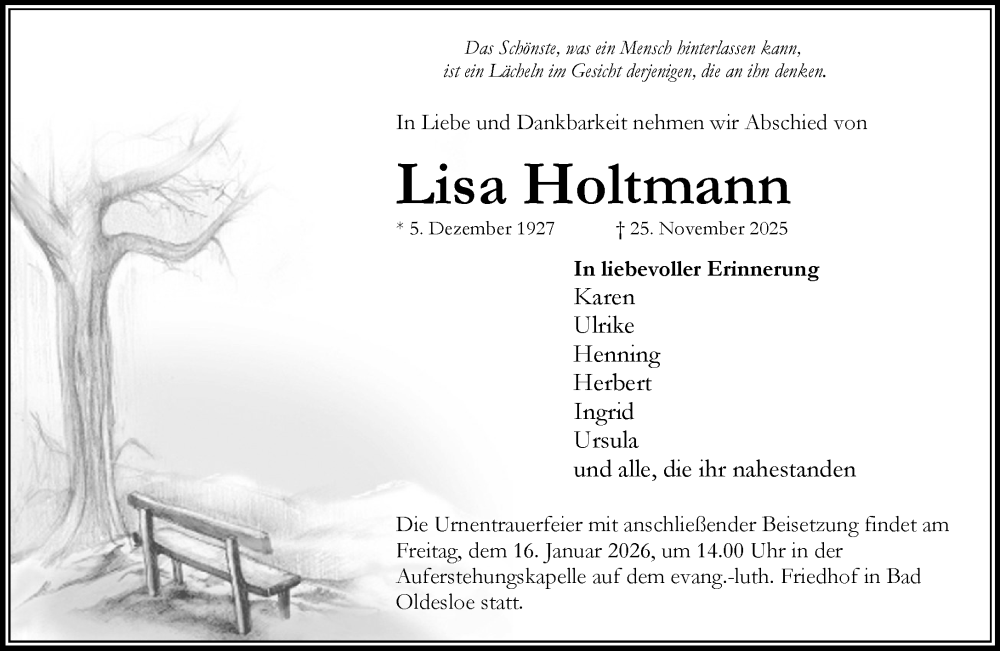  Traueranzeige für Lisa Holtmann vom 10.01.2026 aus MARKT Bad Oldesloe/Reinfeld und Stormarner Tageblatt